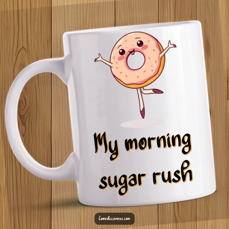 Funny mug featuring a wobbly jelly donut mid-pirouette, showcasing its humorous attempt at ballet with a playful, doughy expression.