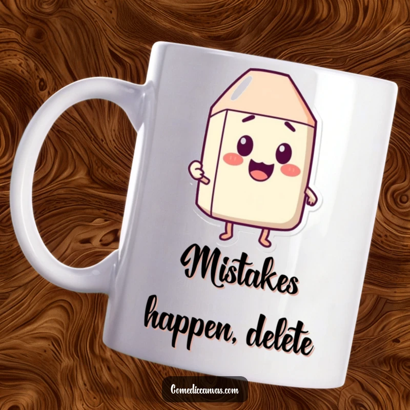 Funny mug showing a happy eraser character cheerfully rubbing out a comically surprised expression, symbolizing fixing errors.