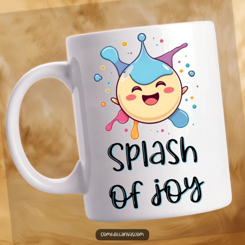 Funny mug with a happy, spherical ink drop character joyfully splattering itself with abandon, radiating pure, uninhibited fun.
