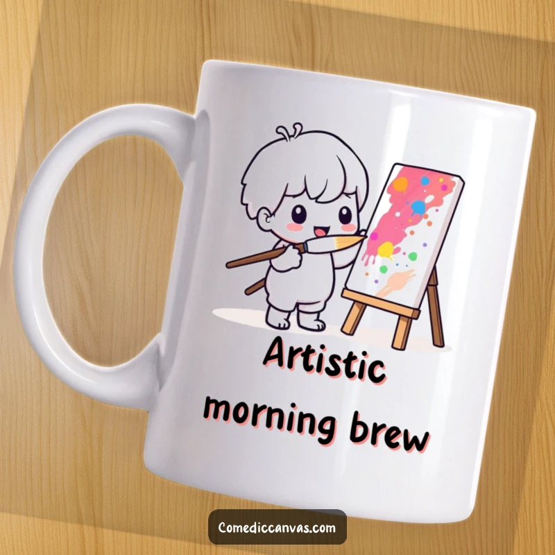 Funny Kawaii character painting a vibrant masterpiece with a comically large brush, radiating joy and creativity.