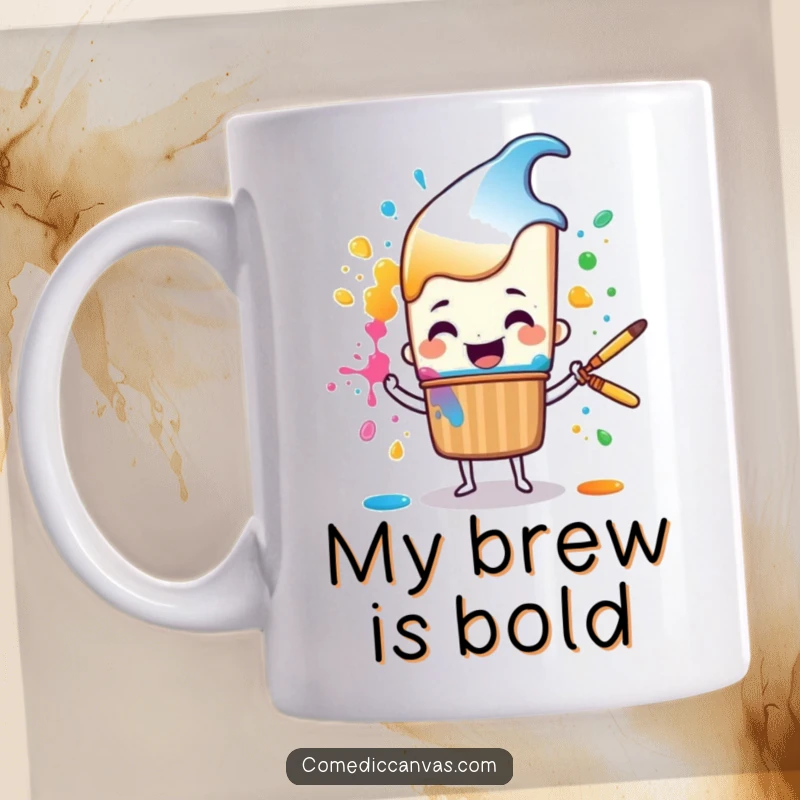 Funny cheerful paintbrush character happily splattering colorful paint, a humorous mug for artists.