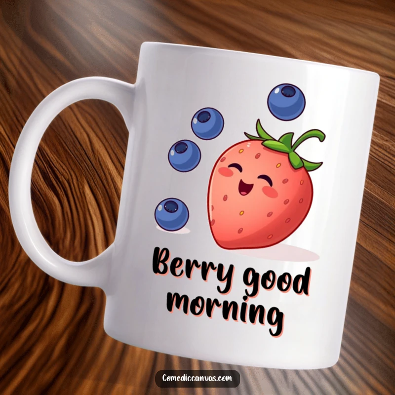 Funny mug showing a mischievous strawberry expertly juggling three tiny blueberries, radiating playful energy and fruity charm.