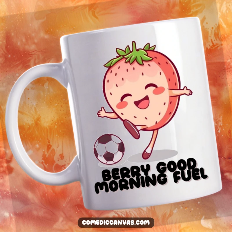 Funny joyful strawberry character kicking a soccer ball with a wide grin, captured in a dynamic action pose on this mug.