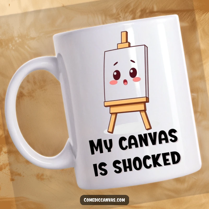 Funny mug featuring a surprised kawaii easel with a tilted canvas, capturing a moment of unexpected artistic revelation.