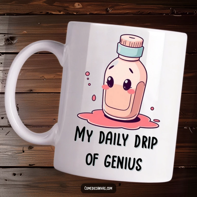 Funny mug showing a curious ink bottle character comically dribbling a large, splattered ink blot, embodying artistic mischief.