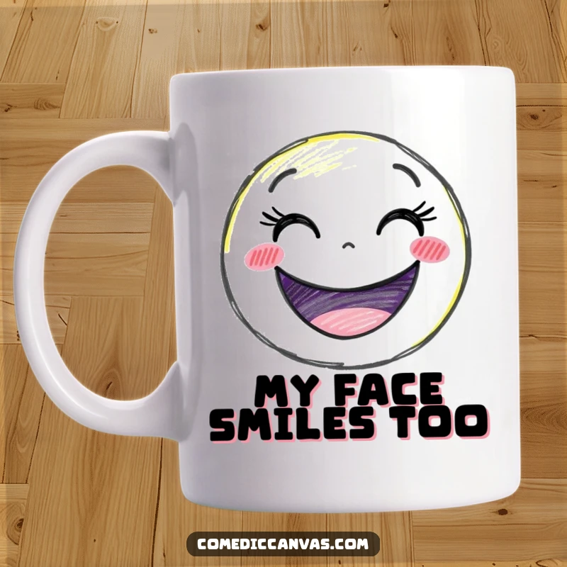 Funny delighted crayon character drawing a giant smiley face, a humorous mug for spreading joy.