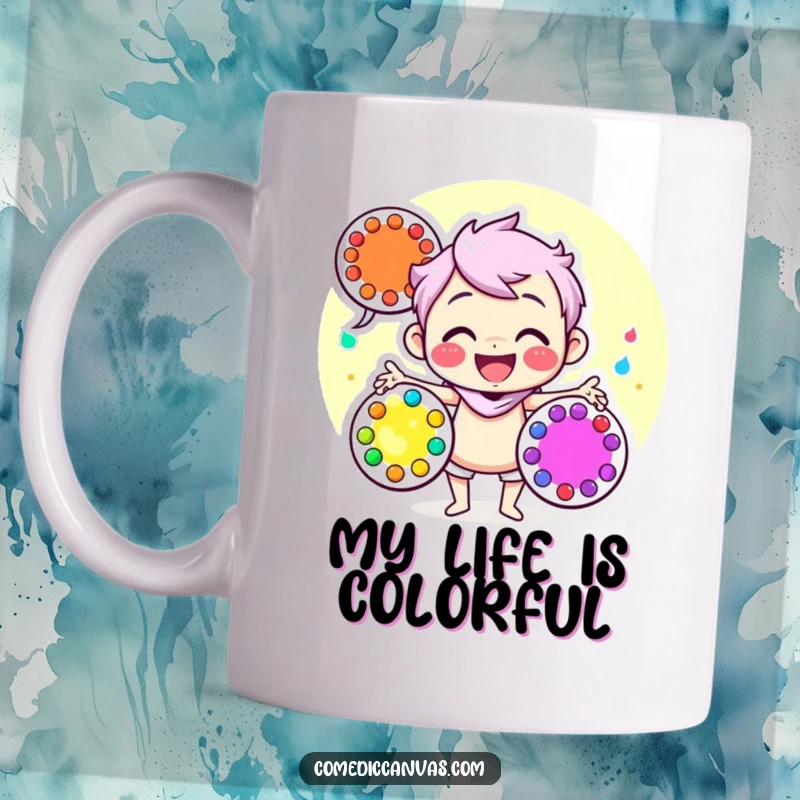 Funny mug featuring a joyful character energetically juggling three vibrant art palettes, showcasing artistic passion and humor.