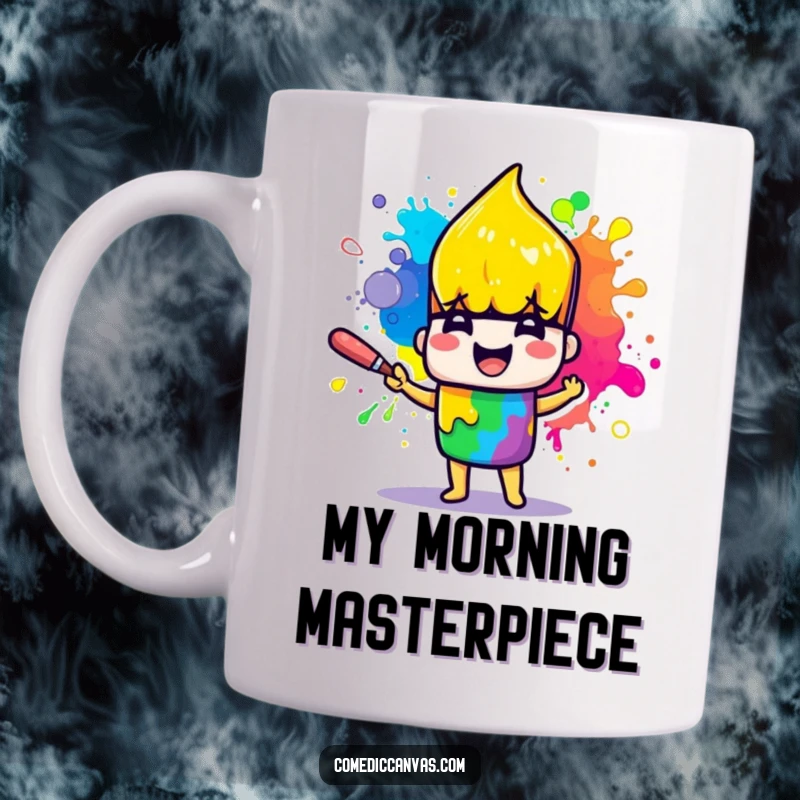 Funny mug with a smiling paintbrush character joyfully splattering rainbow paint, bringing artistic energy and happiness.