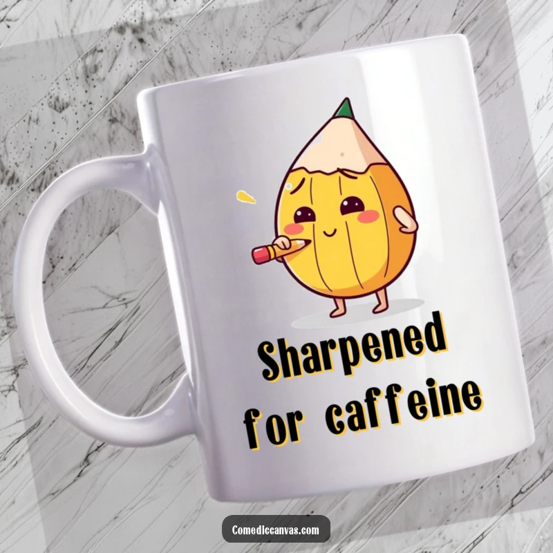 Funny mug showing a round pencil character concentrating hard while sharpening itself, symbolizing focus and productivity.