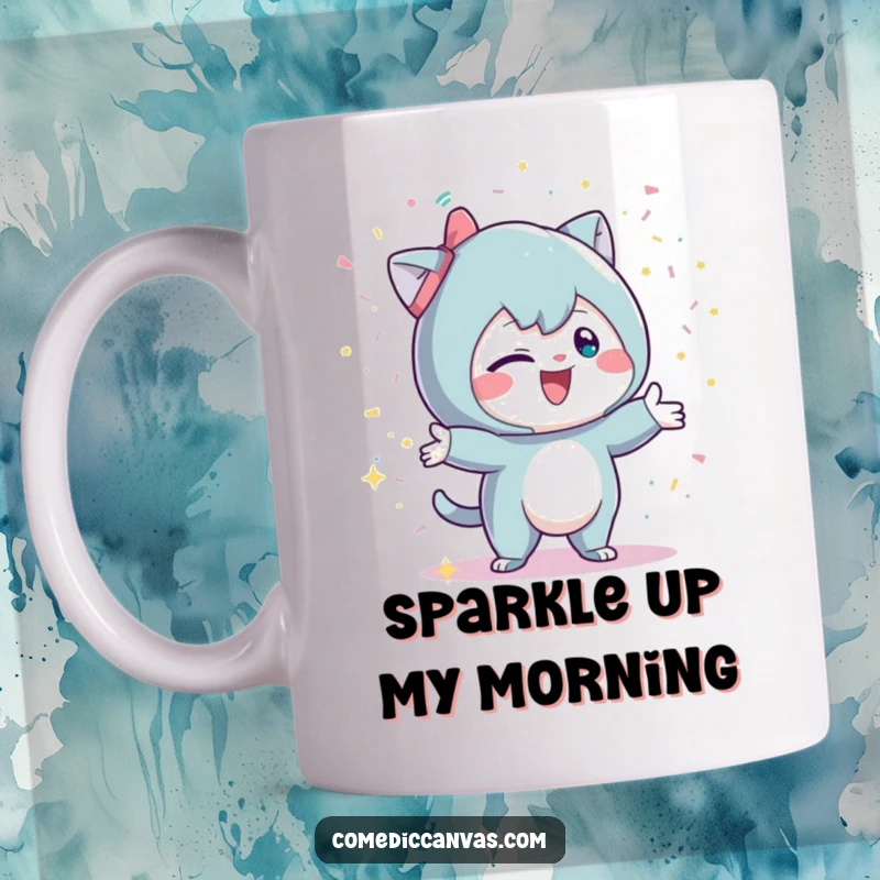 Funny mug with a mischievous character playfully tossing a handful of glittering confetti, spreading joy and party vibes.
