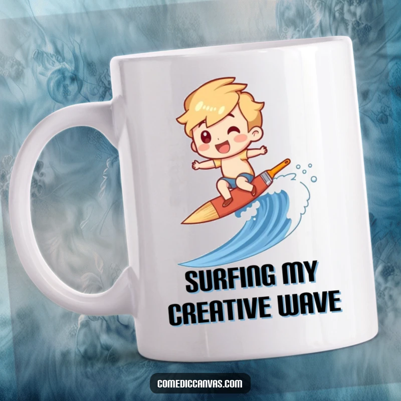 Funny mug depicting a giggling character joyfully riding a paintbrush like a surfboard down a dynamic wave on a canvas.