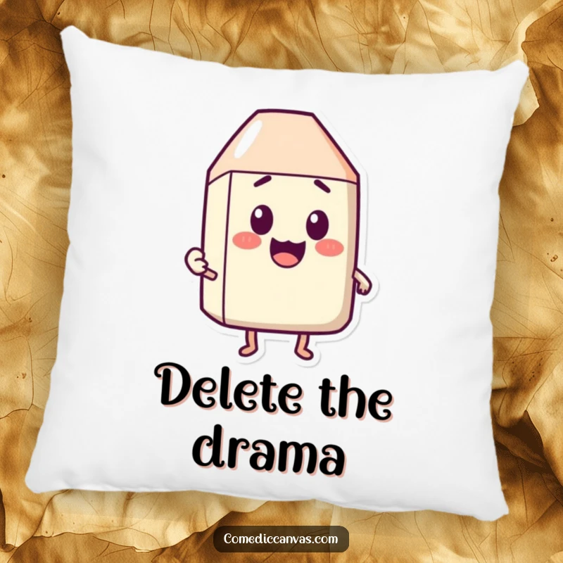 Funny pillow depicting a happy eraser character erasing a surprised expression, providing humorous comfort.