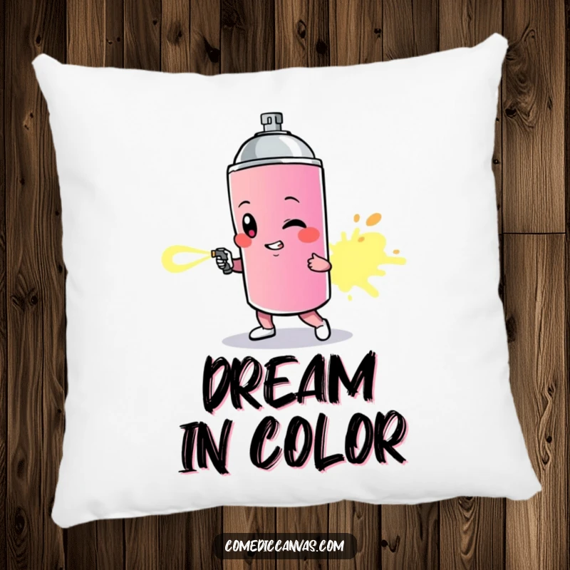 Funny pillow depicting a spray paint can character leaving a vibrant trail, providing artistic and humorous comfort.