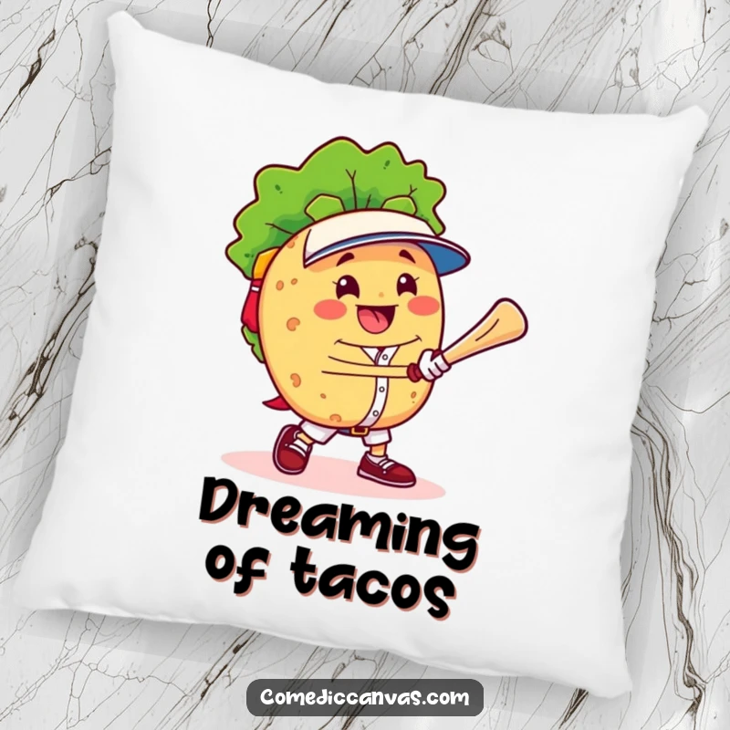 Funny cheerful taco character triumphantly playing baseball with a smile, offering soft comfort and humor on this plush pillow.