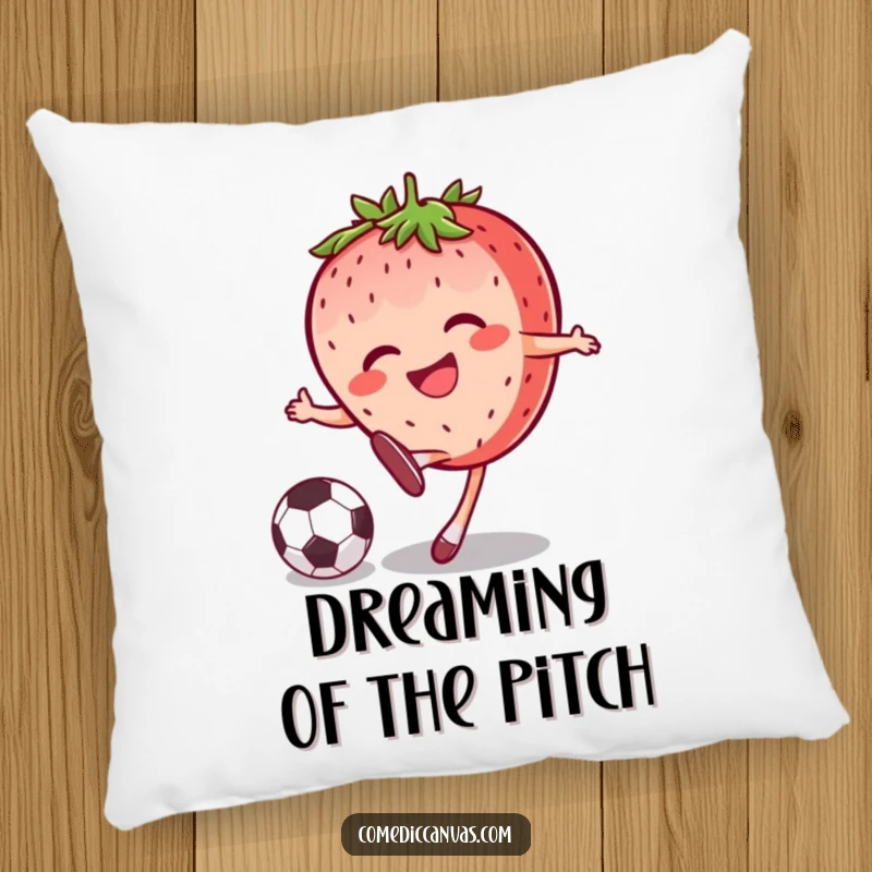Funny joyful strawberry character kicking a soccer ball with a grin, providing soft comfort and humor on this plush pillow.