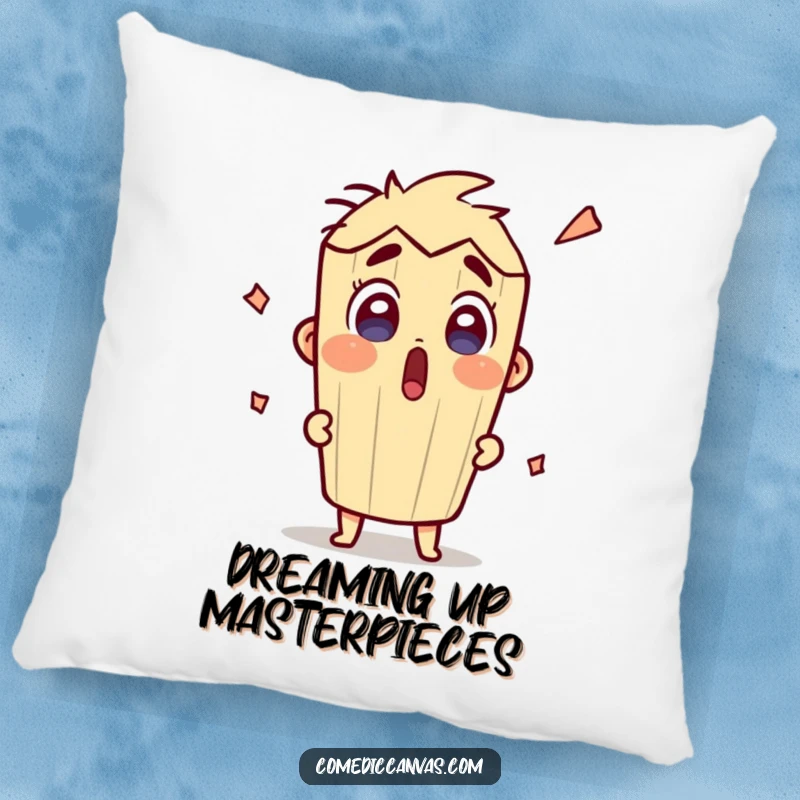 Funny surprised pencil character artistically sketching, featured on a soft pillow for cozy and humorous home decor.