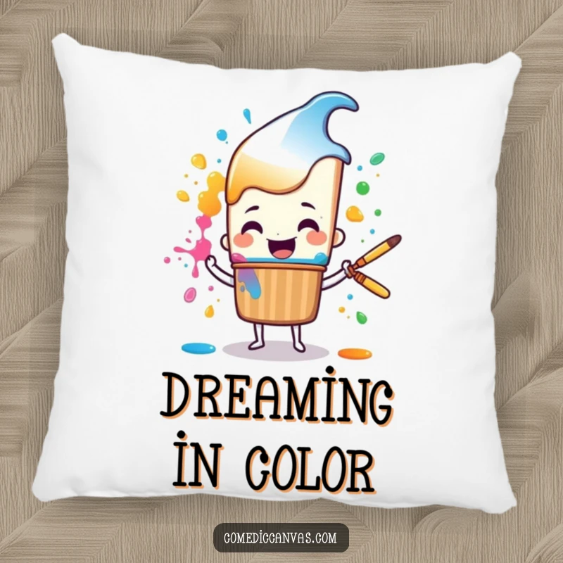 Funny cheerful paintbrush character happily splattering colorful paint, a soft and humorous decorative pillow.