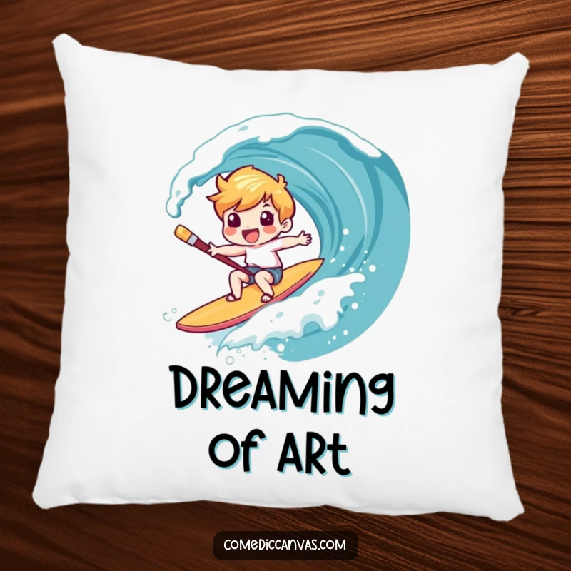 Funny pillow design showing a character joyfully surfing a canvas wave on a paintbrush, a charming and humorous home decor piece.