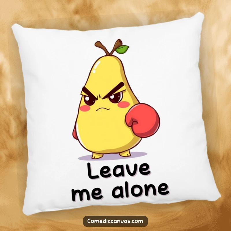 Funny grumpy pear with a small boxing glove glaring, a plush pillow for comfort and fierce vibes.