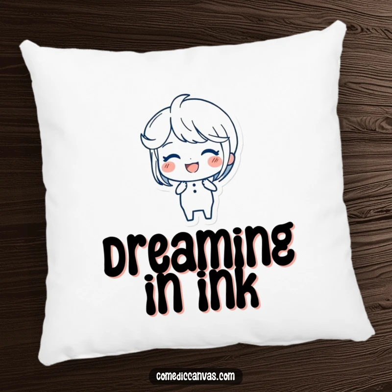 Funny Ink Pen Pillow featuring a joyful character creating elegant, flowing strokes, offering soft artistic comfort.