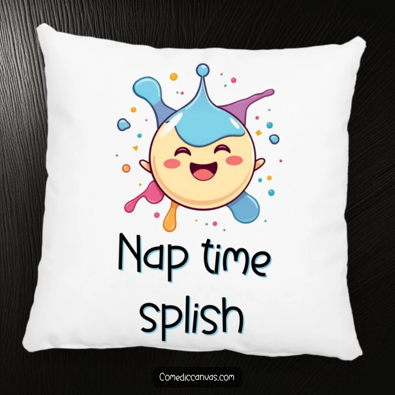 Funny pillow featuring a happy spherical ink drop character joyfully splattering itself, offering comfort with a design full of pure bliss.