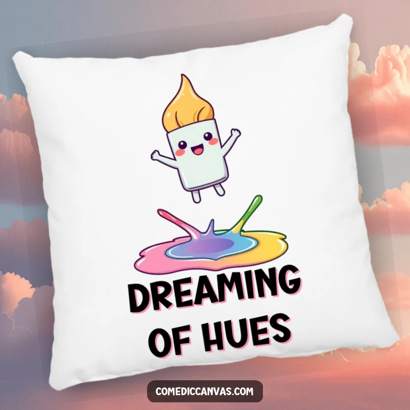 Funny pillow decorated with a happy, kawaii paintbrush leaping joyfully between colorful paint puddles, perfect for cozying up with art.