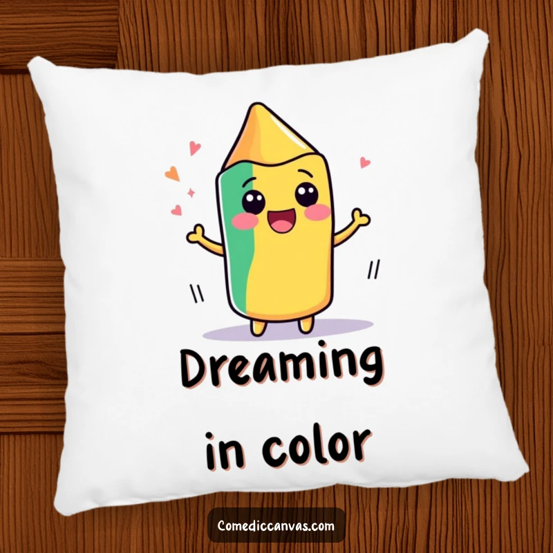 Funny pillow decorated with a cute, kawaii crayon wiggling with delight as it draws, perfect for cozying up with art.