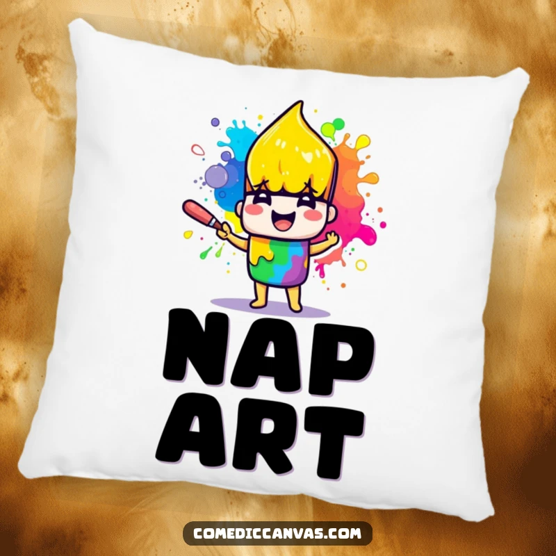 Funny pillow with a cheerful paintbrush character joyfully splattering colorful rainbow paint, offering comfort and art.