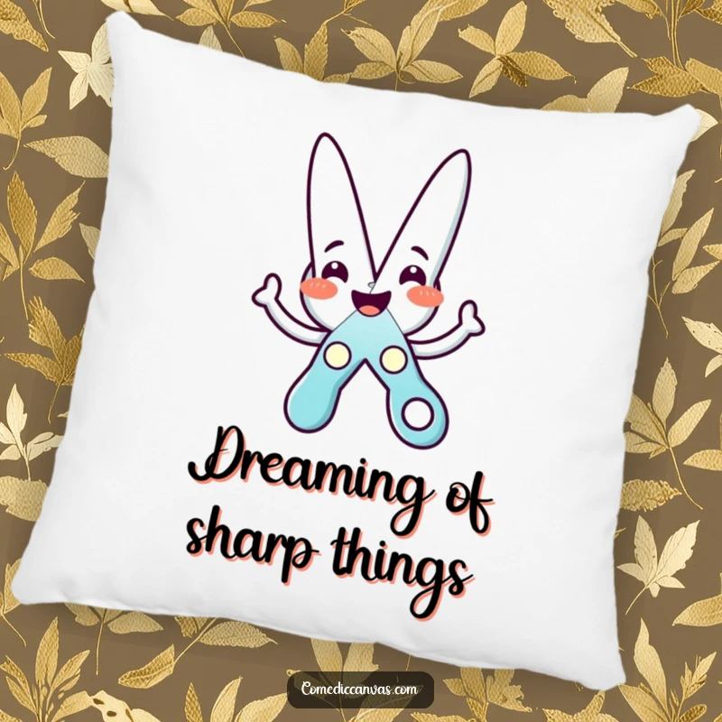 Funny pillow depicting a happy scissors character in the act of cutting a star, bringing comfort and cheer.