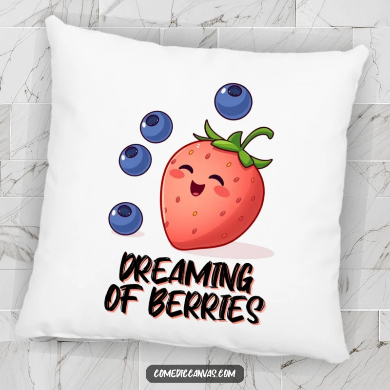 Funny pillow showcasing a mischievous strawberry juggling blueberries, bringing a burst of fruity joy and soft humor to any room.