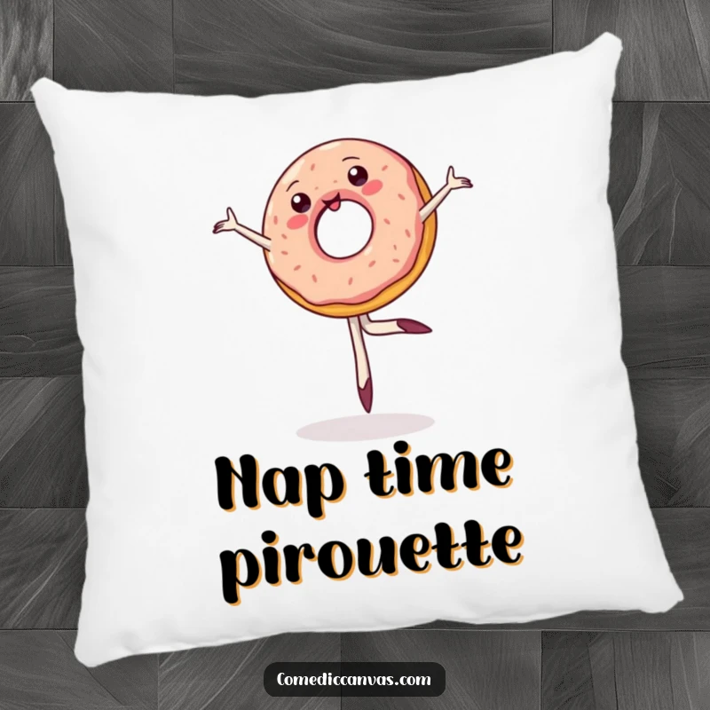 Funny pillow featuring a wobbly jelly donut gracefully (or not so gracefully) executing a ballet pirouette, bringing a touch of sweet absurdity.
