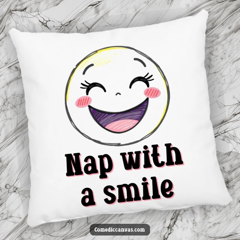 Funny delighted crayon character drawing a giant smiley face, a soft and humorous decorative pillow.