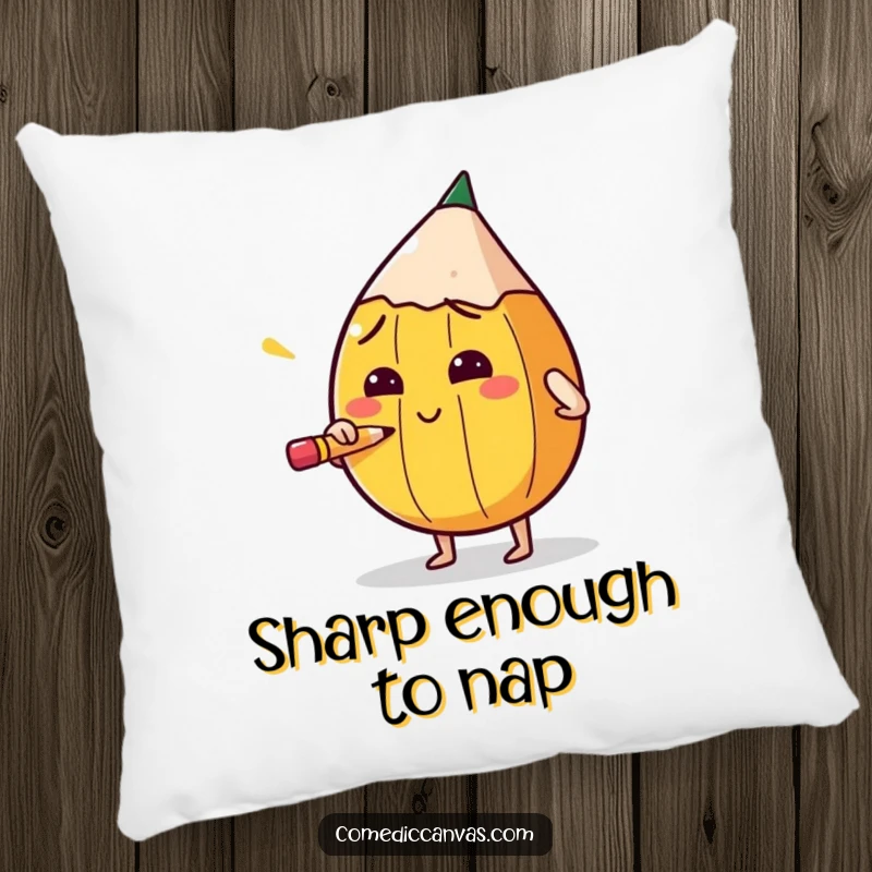 Funny pillow showing a round pencil character sharpening itself with intense concentration, offering comfort and thematic decor.