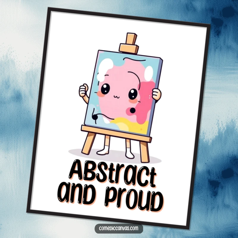 Funny determined easel character holding up a comically abstract masterpiece, digital art print, humorous artistic illustration.