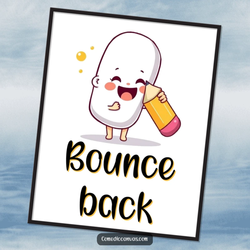 Funny digital art print of a joyful character playfully poking a giant bouncy eraser with a pencil, symbolizing art correction humor.