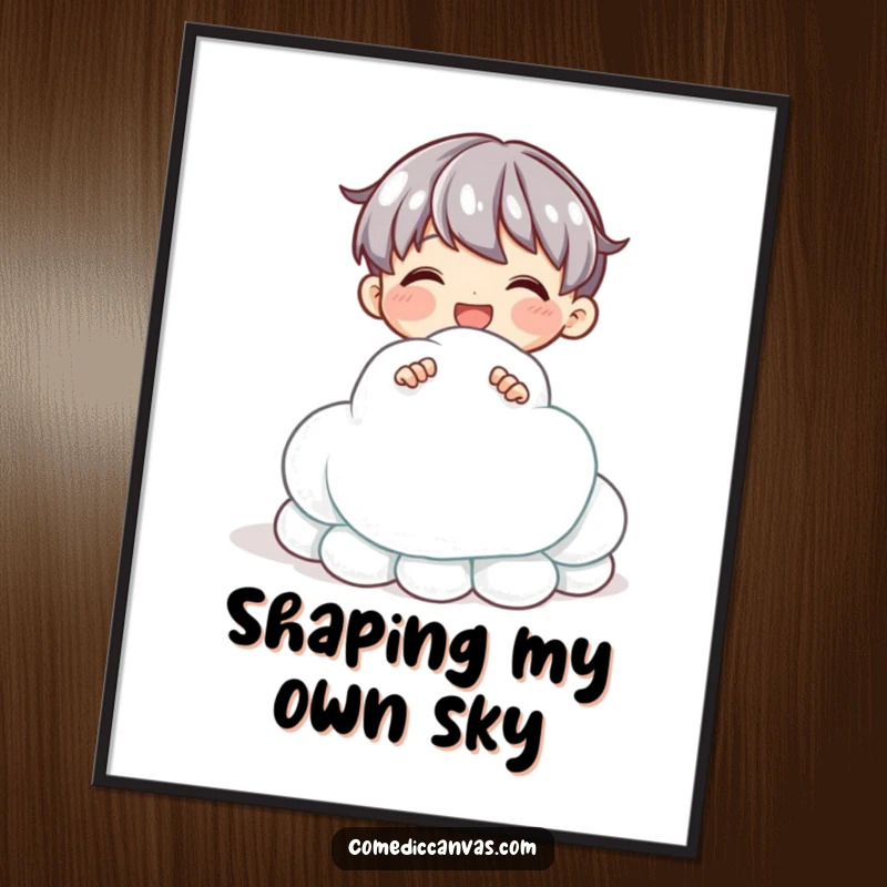 Funny digital art print of a delighted character sculpting a shimmering clay cloud, offering instant artistic decor and humor.