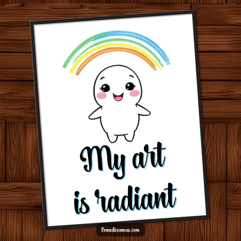 Funny digital art print of a cheerful crayon character drawing a vibrant rainbow, ready for instant wall decor.