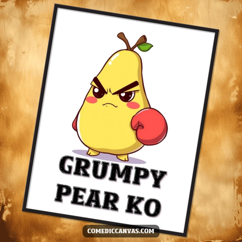 Funny grumpy pear wearing a tiny boxing glove and glaring intensely, a fierce digital art print.
