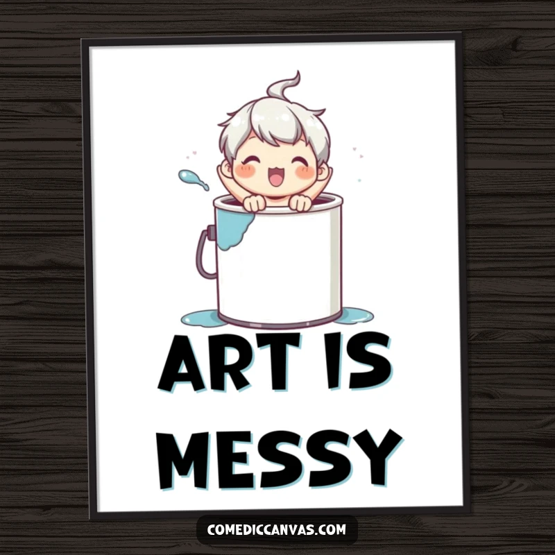 Funny digital art print of a character joyfully popping out of a paint can, celebrating creativity instantly.