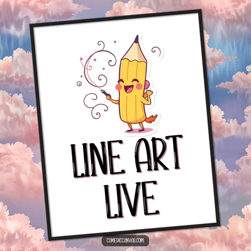 Funny digital art print of a delighted pencil character actively drawing a whimsical, swirling design, for instant decor.