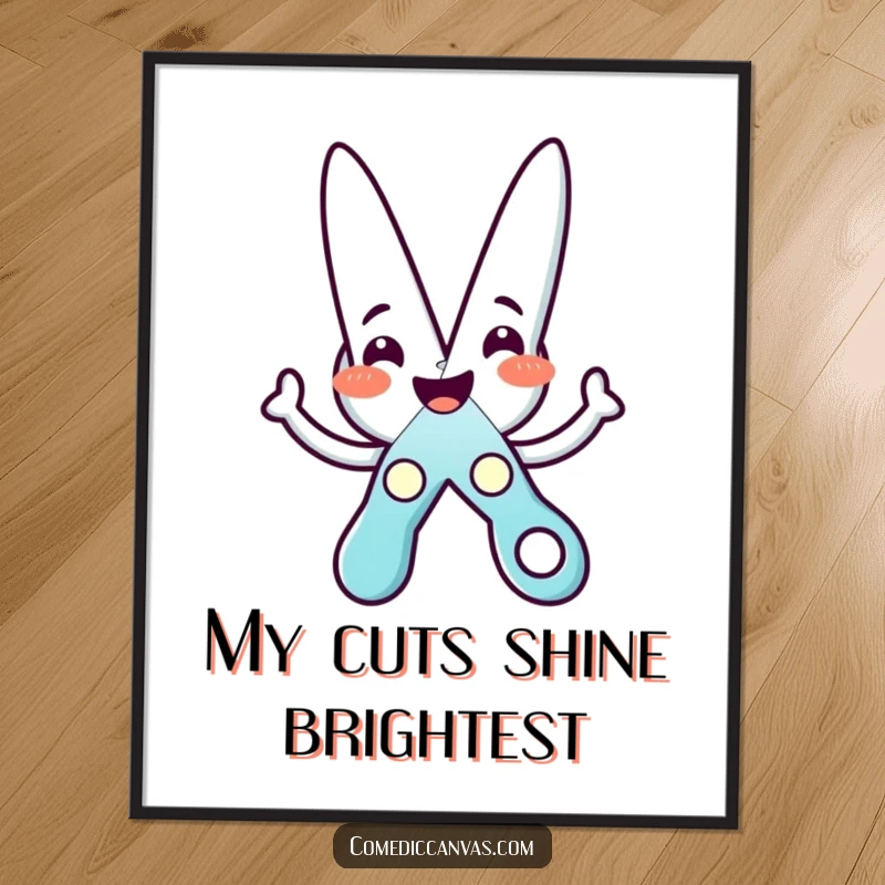 Funny digital art print of a happy scissors character cutting a star, offering instant whimsical decor.