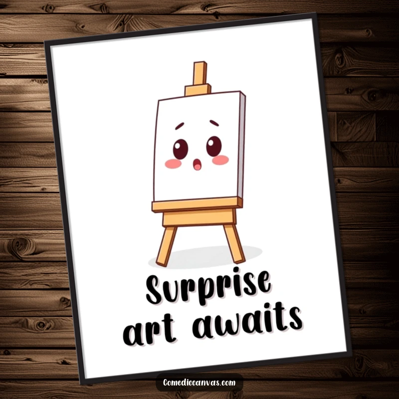 Funny digital art print of a surprised kawaii easel with a tilted canvas, perfect for instant artistic and humorous decoration.