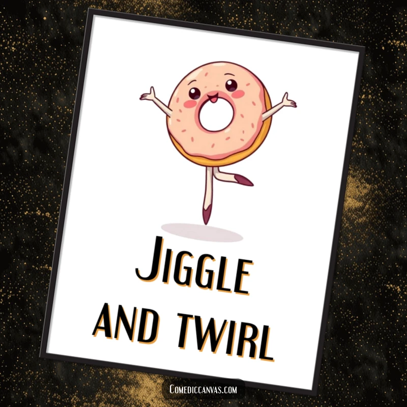 Funny digital art print of a wobbly jelly donut attempting a dramatic ballet pirouette, capturing its comical and sweet dedication to dance.