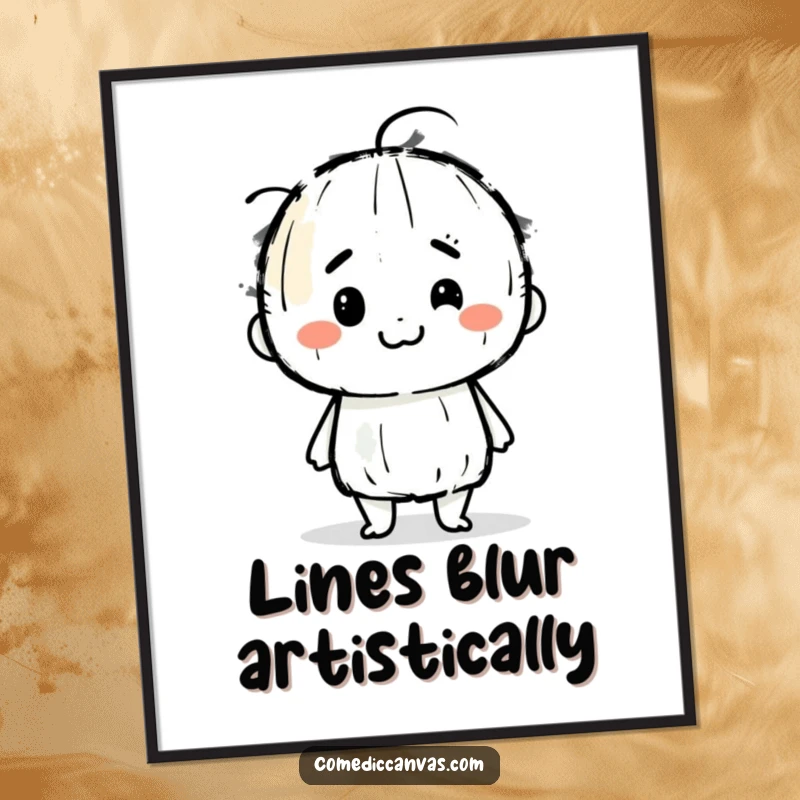 Funny digital art print of a determined charcoal stick character joyfully smudging artistic lines, a vibrant and humorous piece for wall decor.