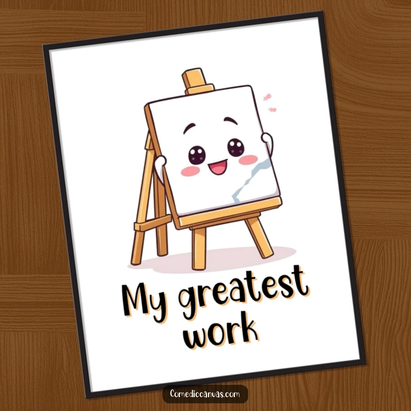 Funny digital art of a playful easel character enthusiastically holding up a masterpiece, offering instant humorous wall decor.