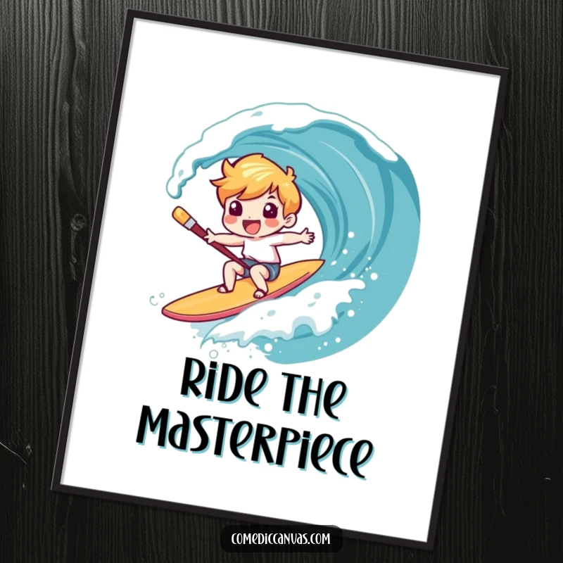 Funny digital art print of a character giggling while surfing a canvas wave on a paintbrush, ready to be printed and displayed.