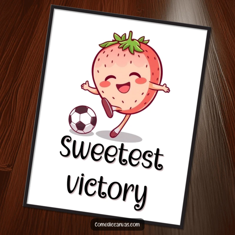 Funny joyful strawberry character kicking a soccer ball with a grin, offered as a high-resolution digital art download for instant humorous decor.