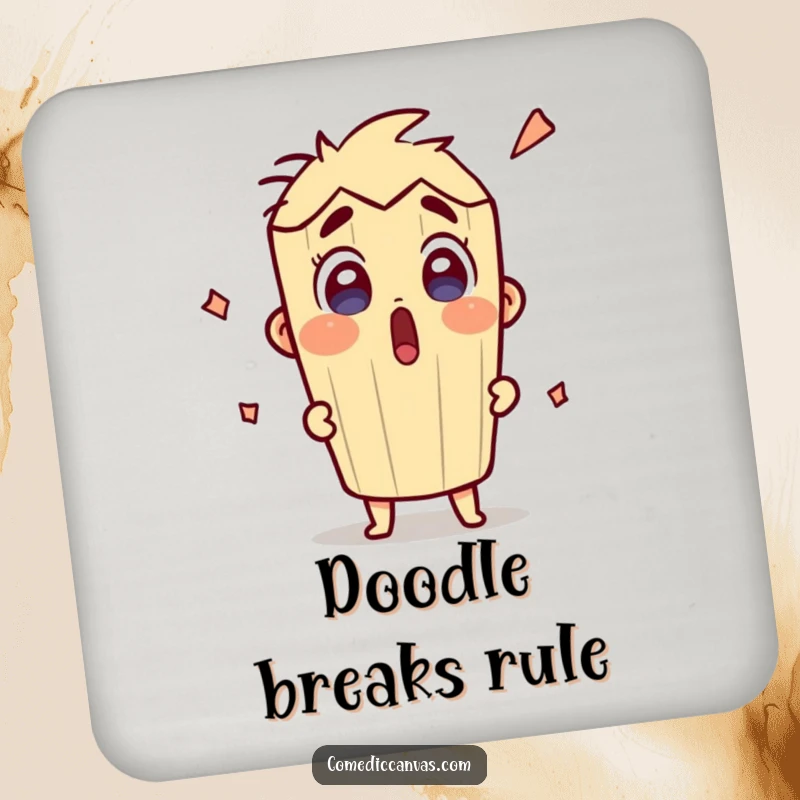 Funny surprised pencil character sketching enthusiastically on a drink coaster, adding artistic charm to tabletops.