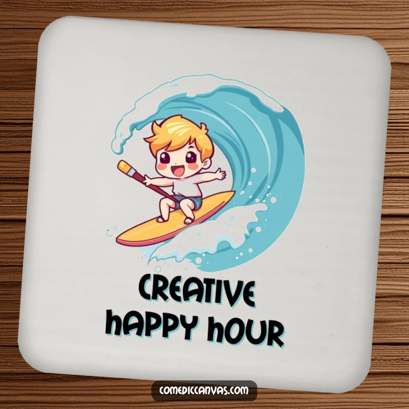 Funny drink coaster showing a character giggling while surfing a canvas wave on a paintbrush, protecting furniture with creative humor.