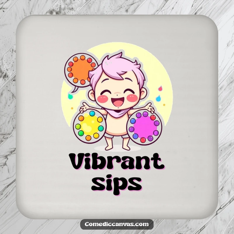 Funny drink coasters featuring a happy character juggling colorful art palettes, adding artistic flair and surface protection.